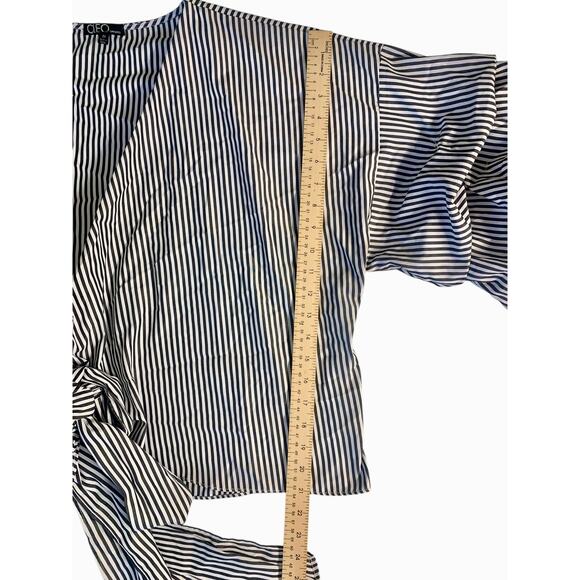 Plus Size Women Ruffle Sleeve V Neck Waist Tie Striped Black/White Blouse‎ 2X - Picture 8 of 9